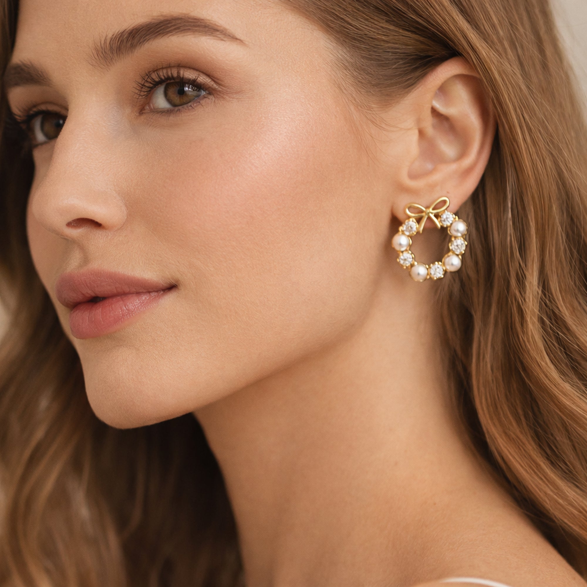 Gold-Plated Pearl & Crystal Bow Stud Earrings in 925 Sterling Silver