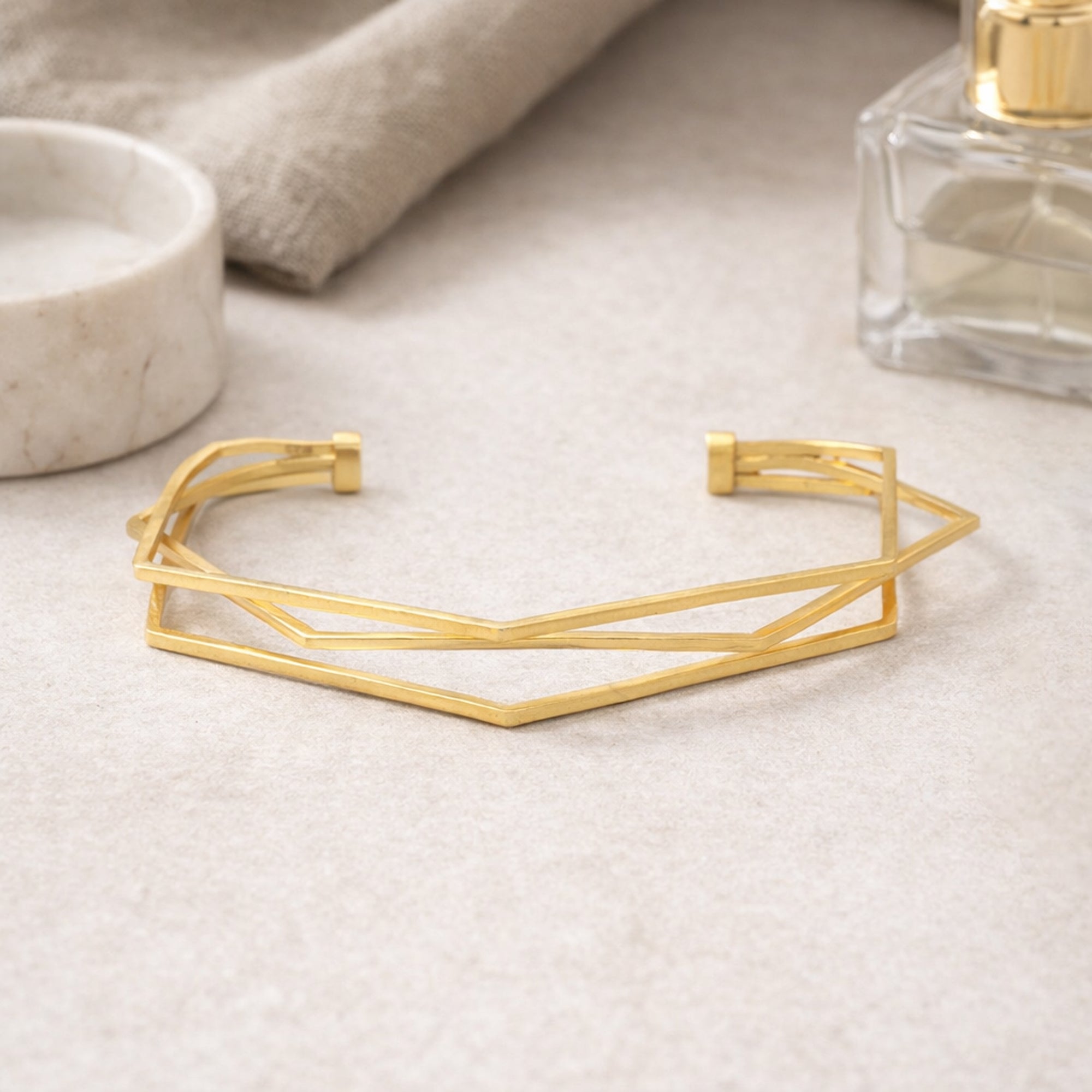 925 Sterling Silver Gold Plated Geometric Criss-Cross Open Cuff Bracelet for Women | Modern Angular Kada | Adjustable Minimal Jewelry