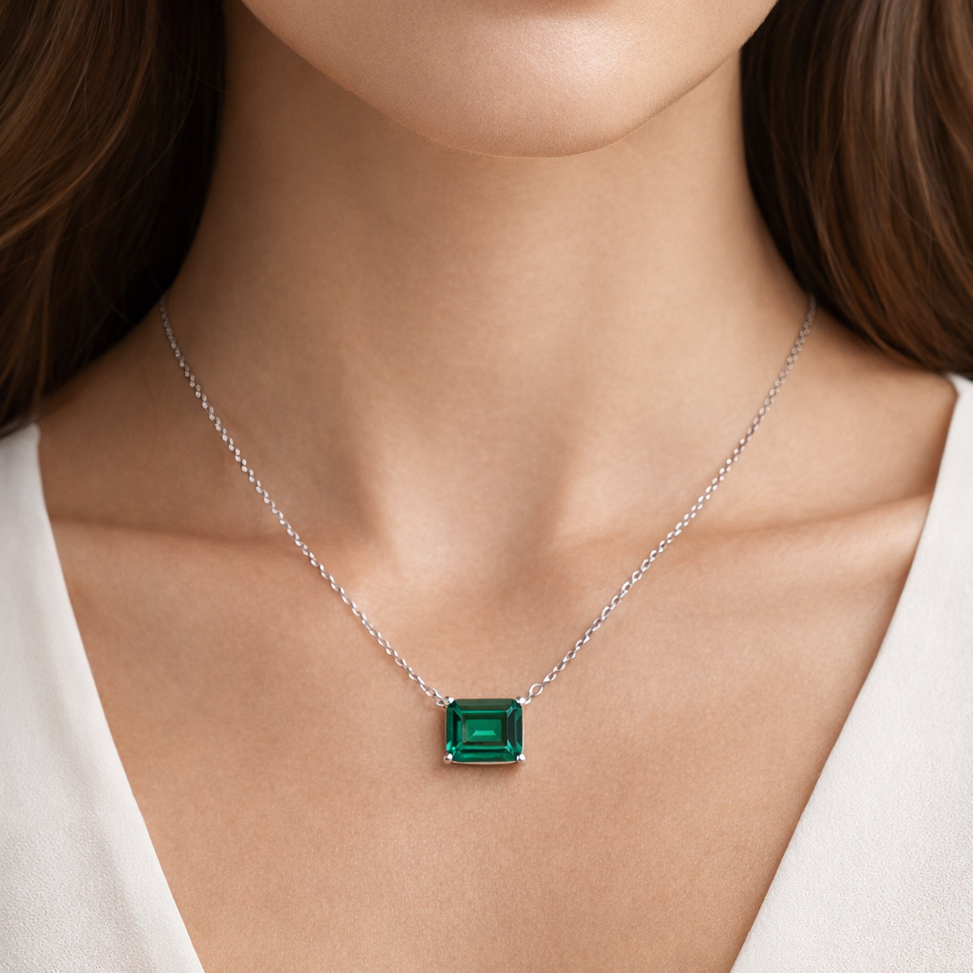 Emerald Cut Green Stone Pendant Necklace in 925 Sterling Silver