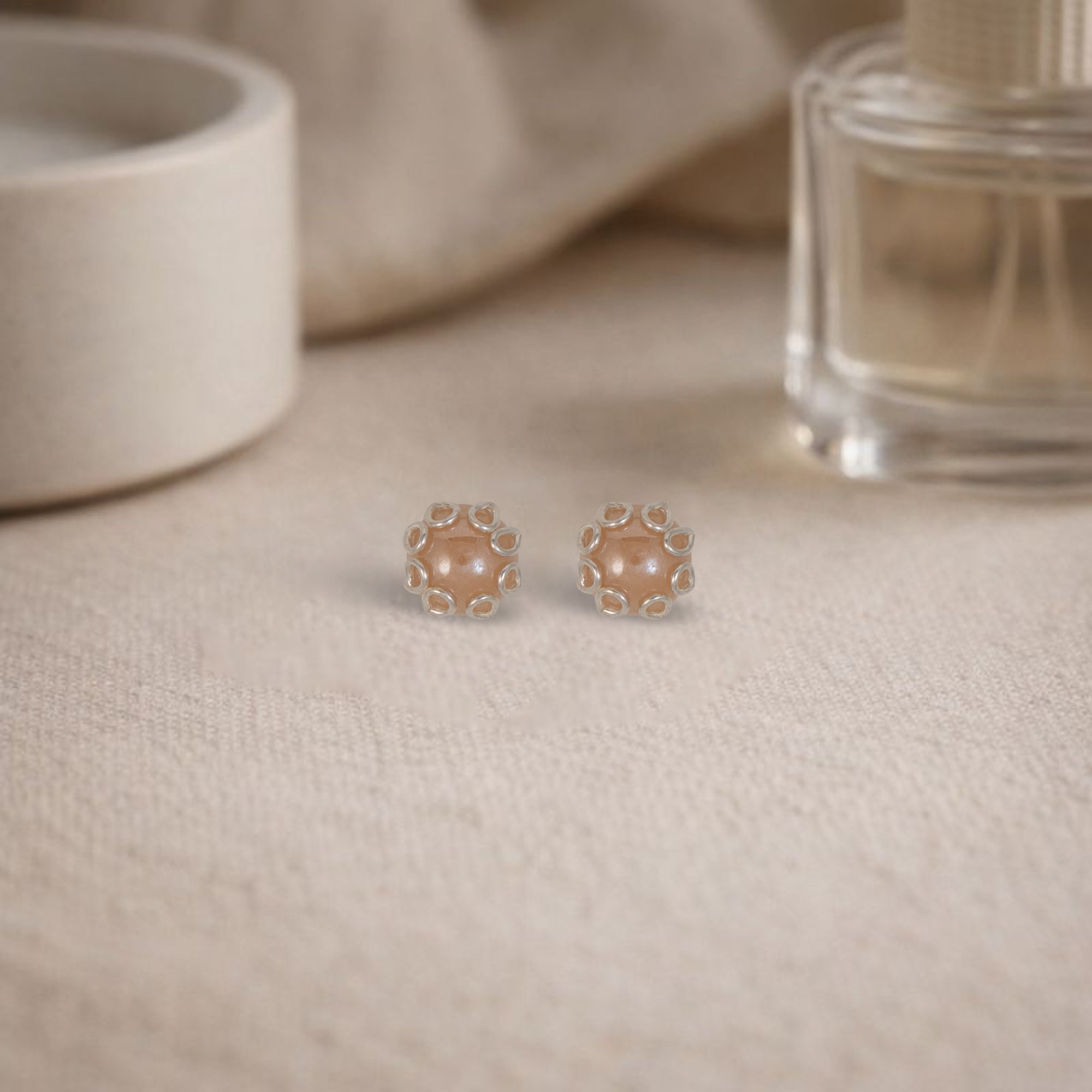 925 Sterling Silver Champagne Pearl Floral Stud Earrings | Soft Glow Cluster Design