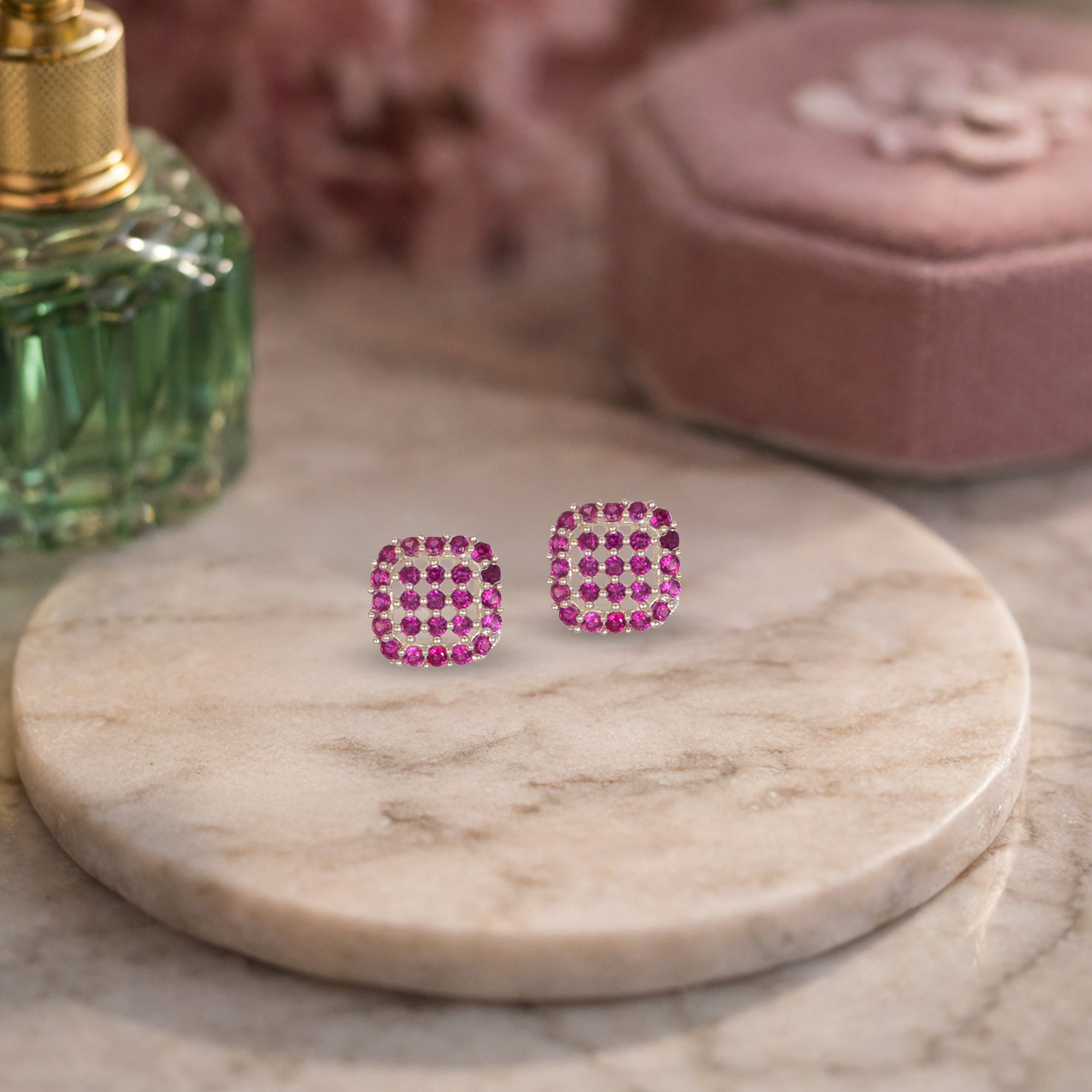 925 Sterling Silver Pink Crystal Square Stud Earrings | Cushion Shape Micro Pave Studs