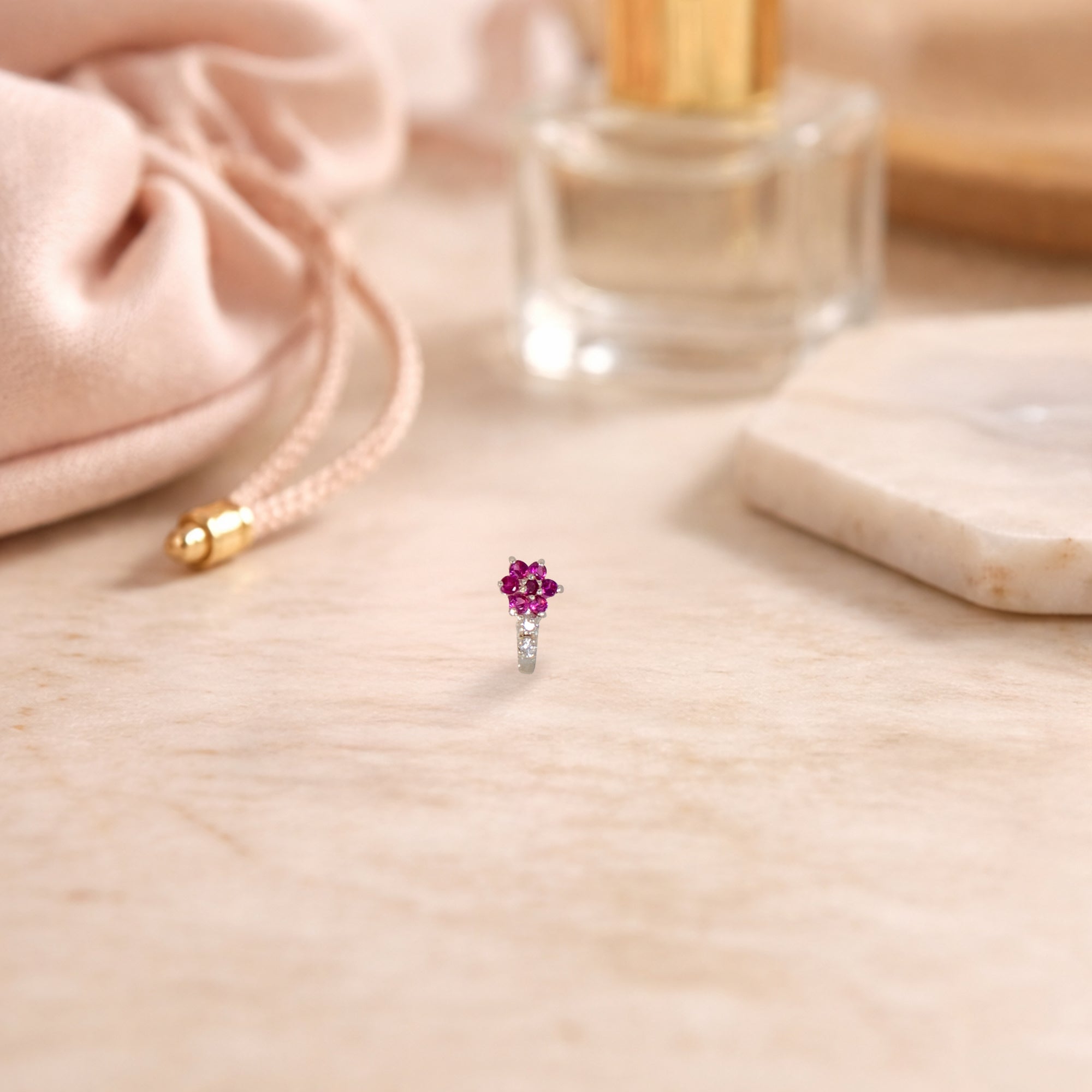 TVISVA JEWELS 925 Sterling Silver Pink Floral Nose Pin for Women with Cubic Zirconia Stones