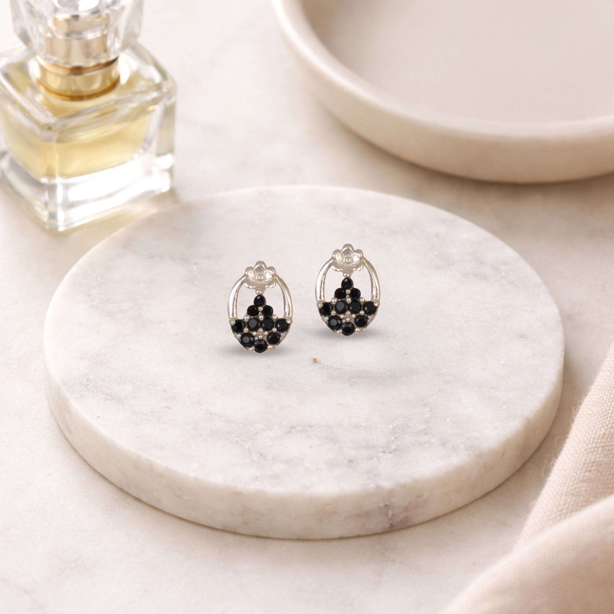 925 Sterling Silver Black Crystal Oval Stud Earrings | Elegant Floral Accent Design