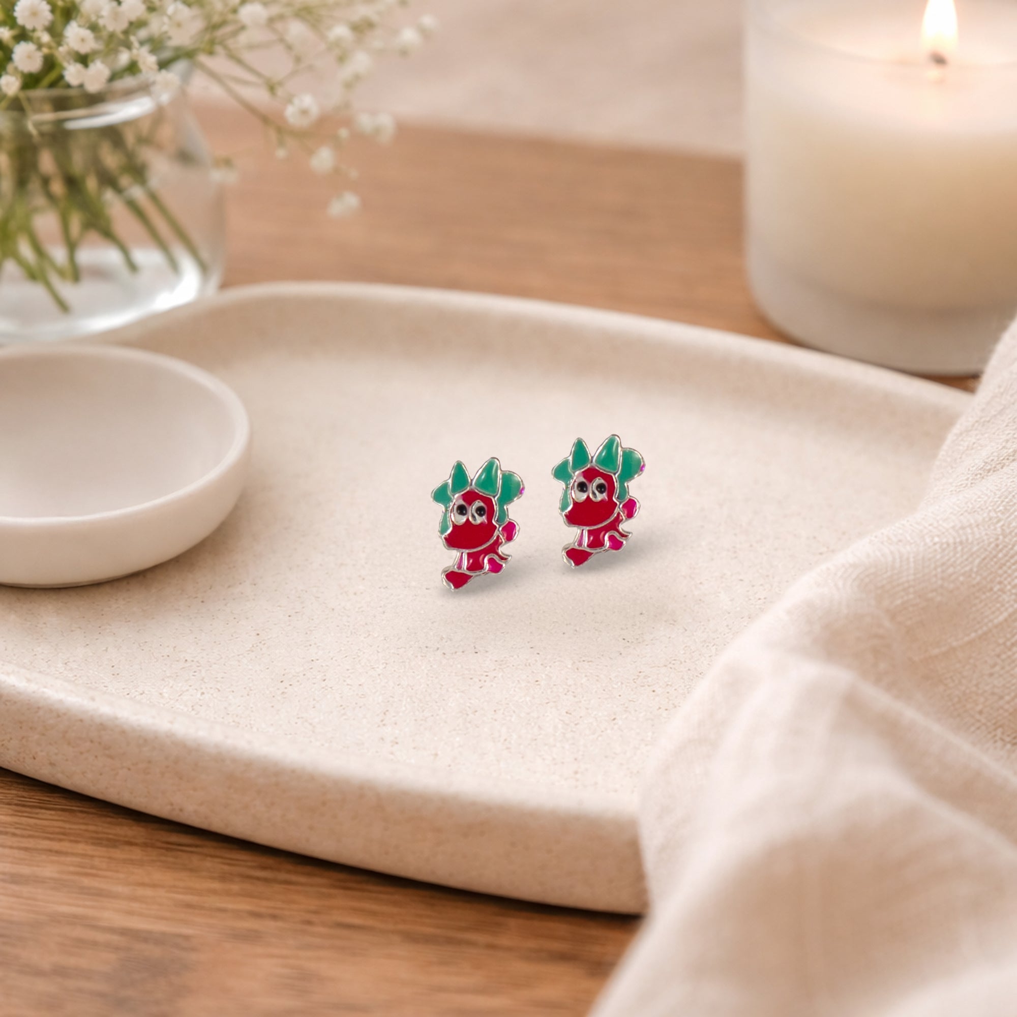 Cute Red & Green Cartoon Stud Earrings for Kids | 925 Sterling Silver Enamel Earrings