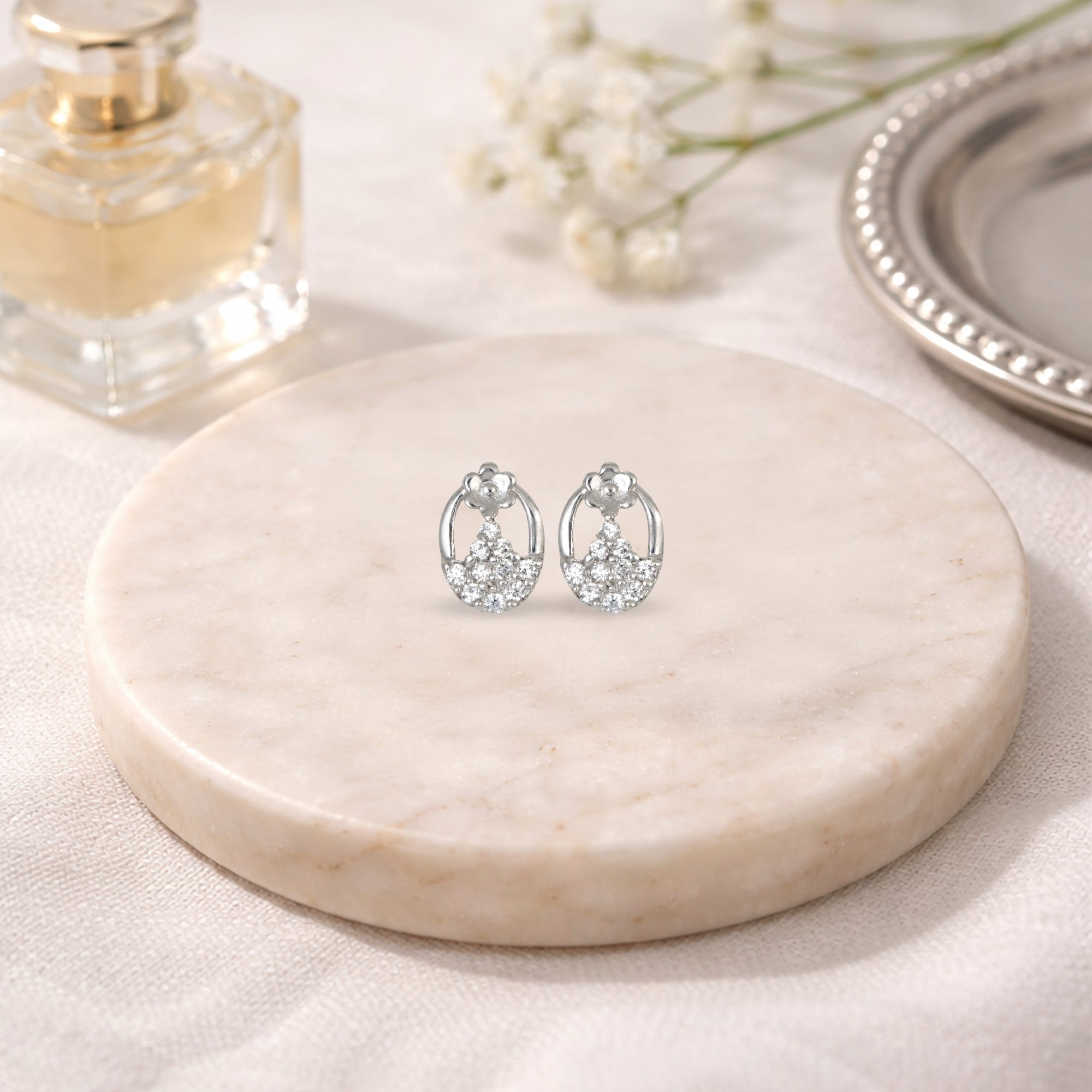 925 Sterling Silver Floral Cluster Stud Earrings for Women | Minimal Diamond-Style Sparkle