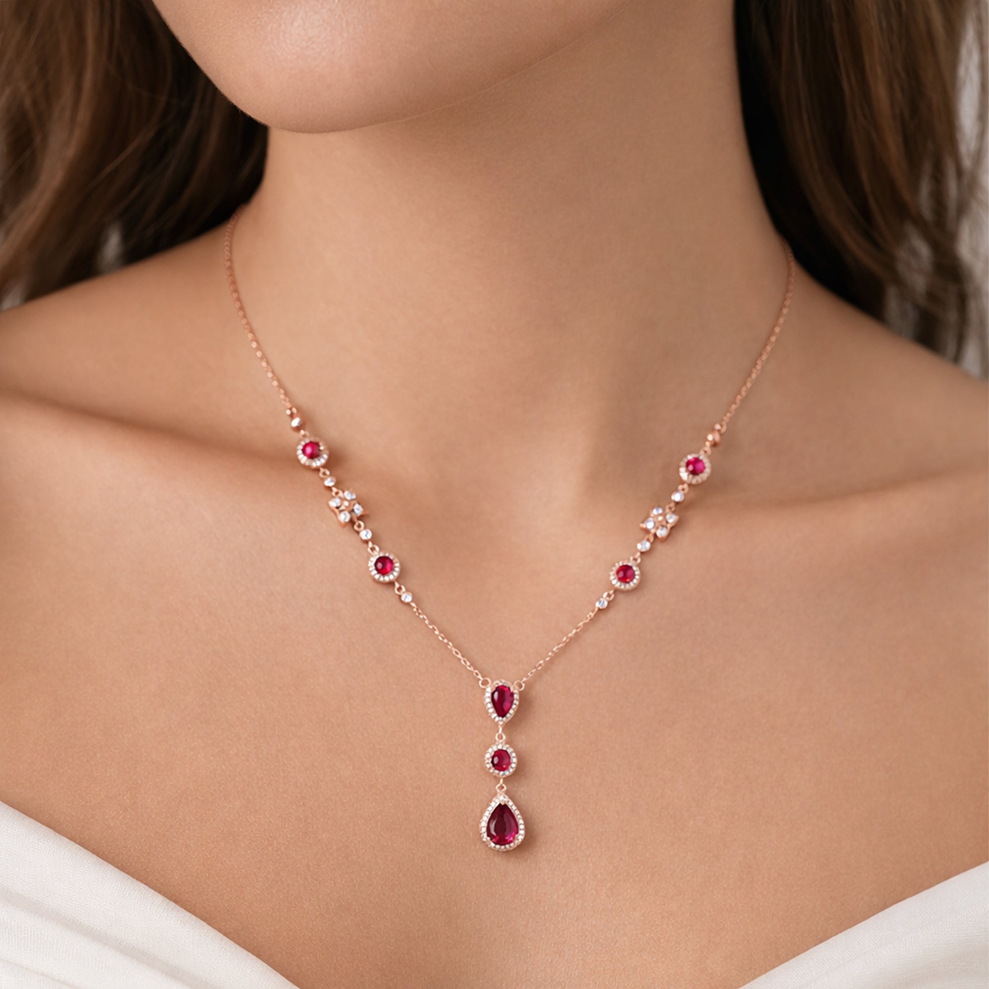 Rose Gold Ruby Drop Necklace in 925 Sterling Silver – Teardrop Pendant with CZ Accents