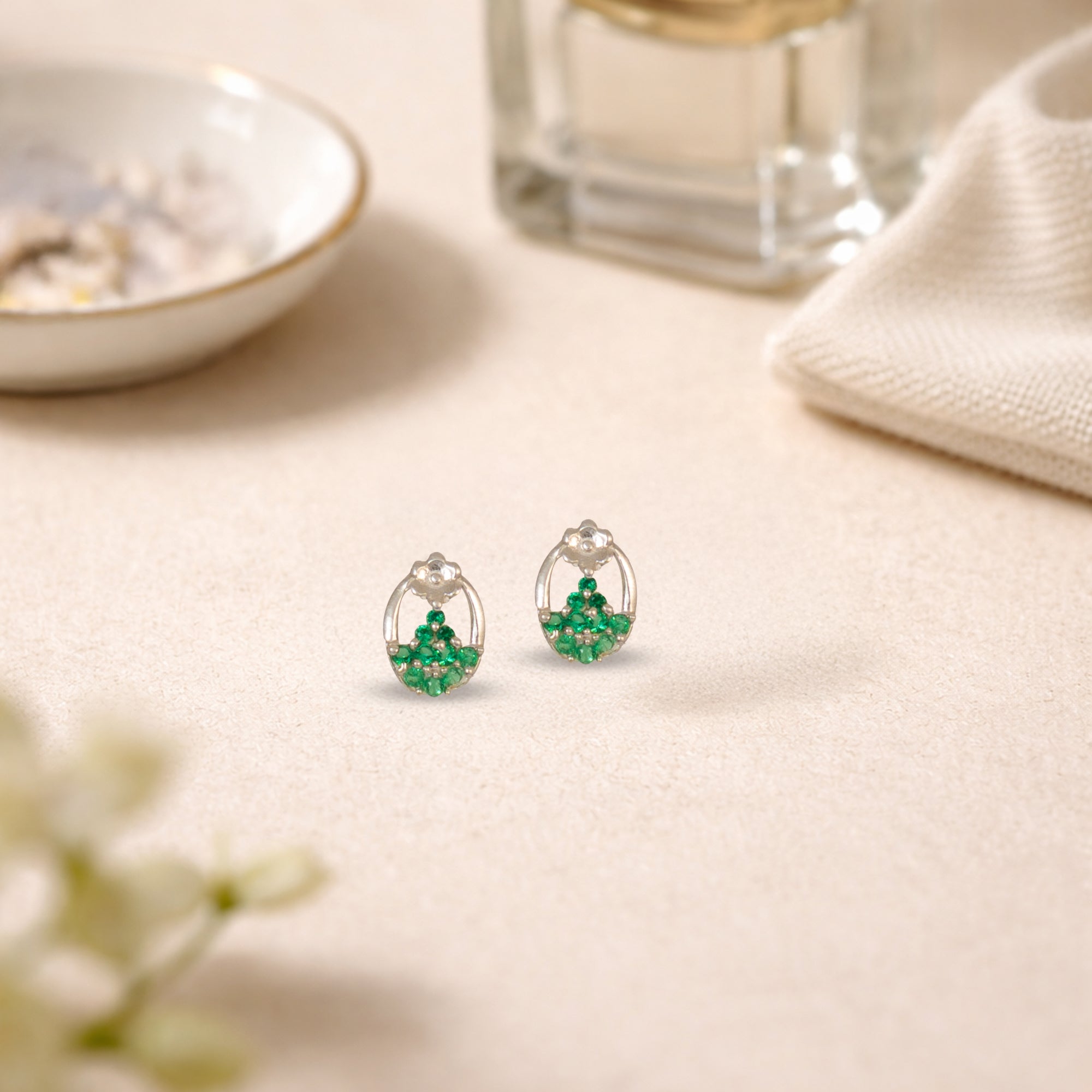 925 Sterling Silver Green Crystal Oval Stud Earrings | Floral Accent Design