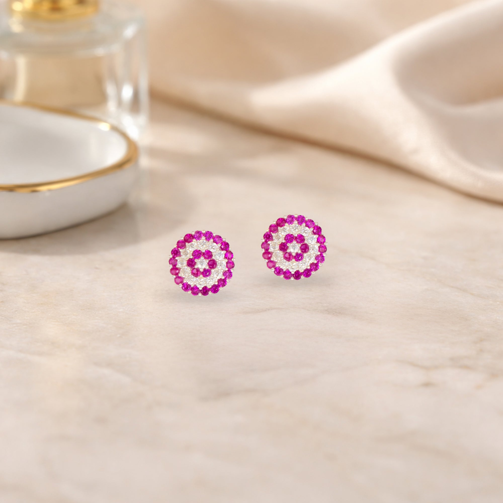 925 Sterling Silver Pink & White Circular Pavé Stud Earrings for Women | Floral Halo Design