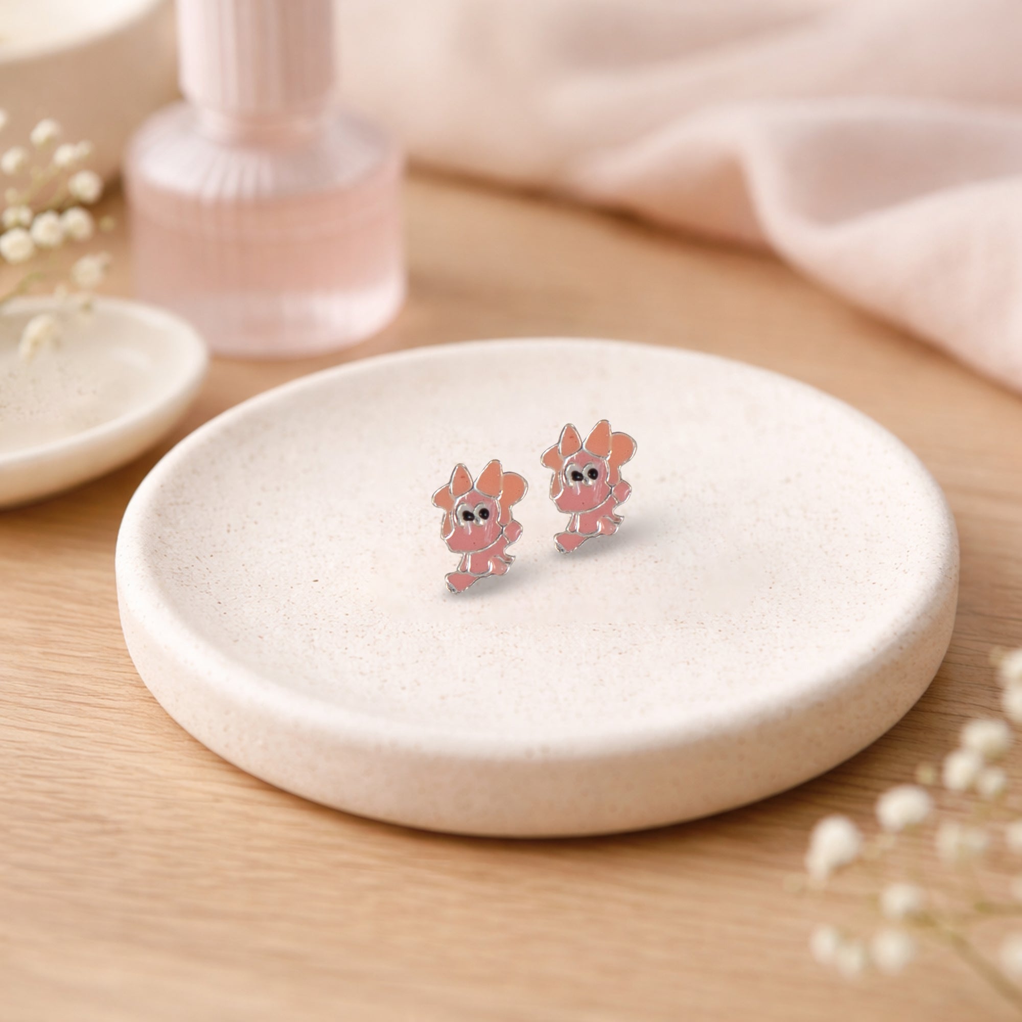 Cute Pink Cartoon Stud Earrings for Kids | 925 Sterling Silver Enamel Earrings