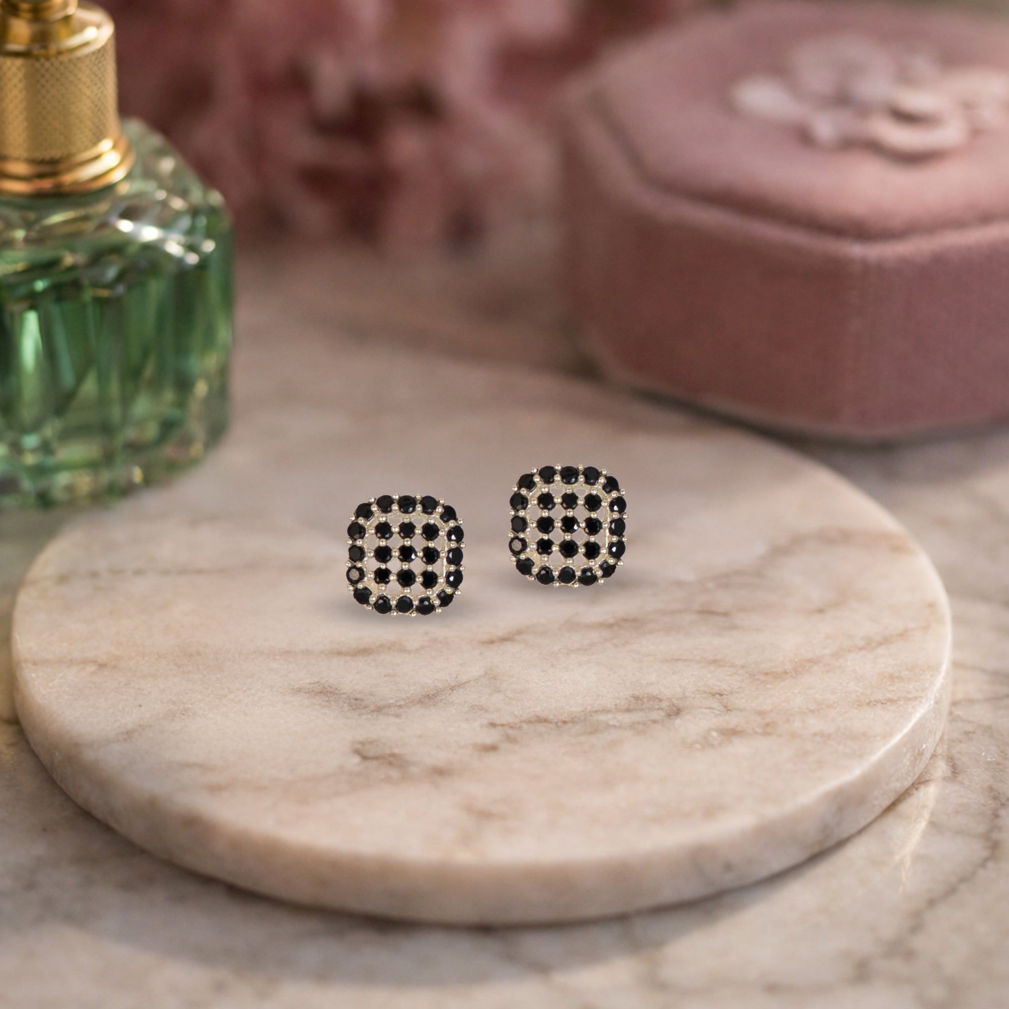 925 Sterling Silver Black Stone Square Stud Earrings | Elegant Grid Design