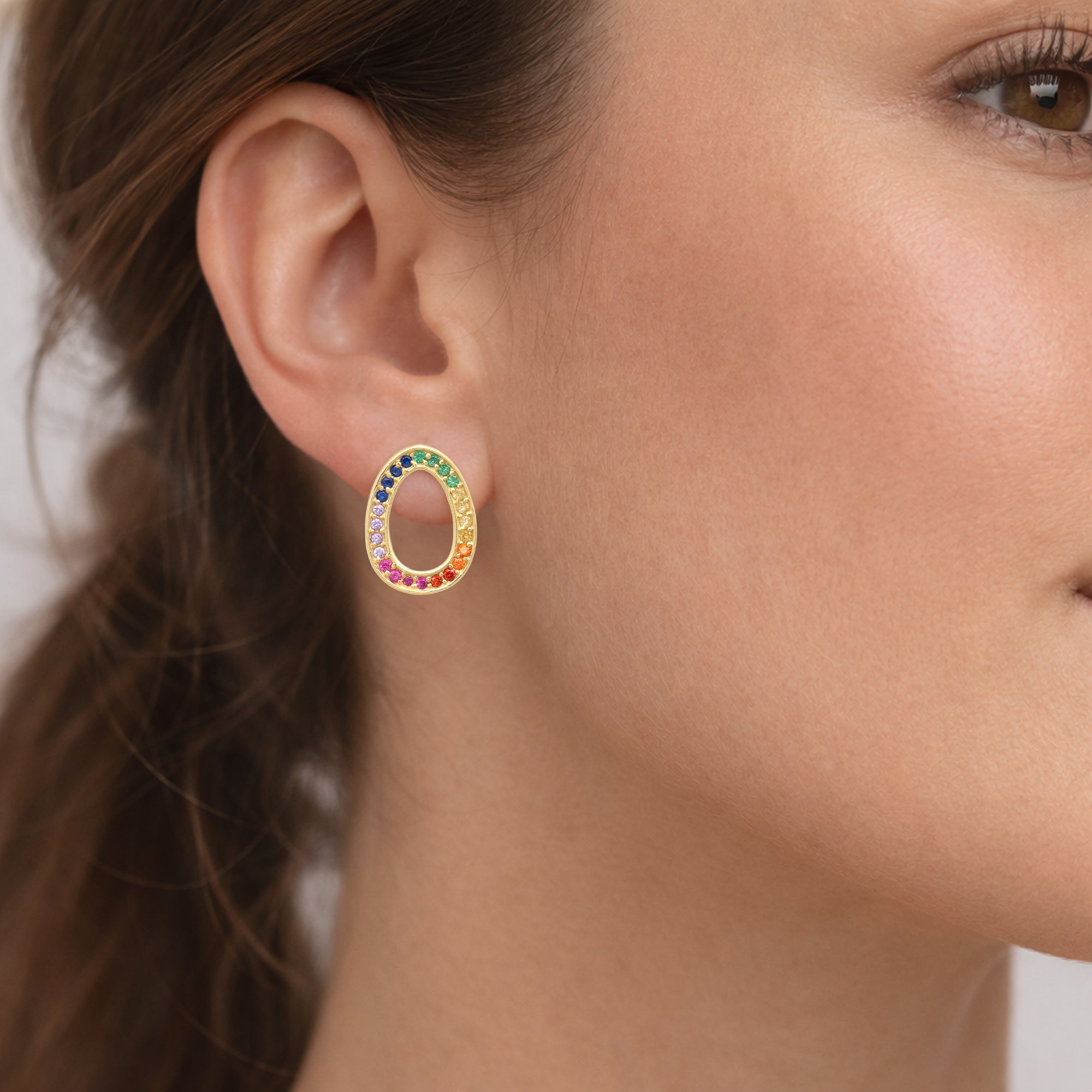 925 Sterling Silver Gold-Plated Oval Stud Earrings with Multicolor Stones