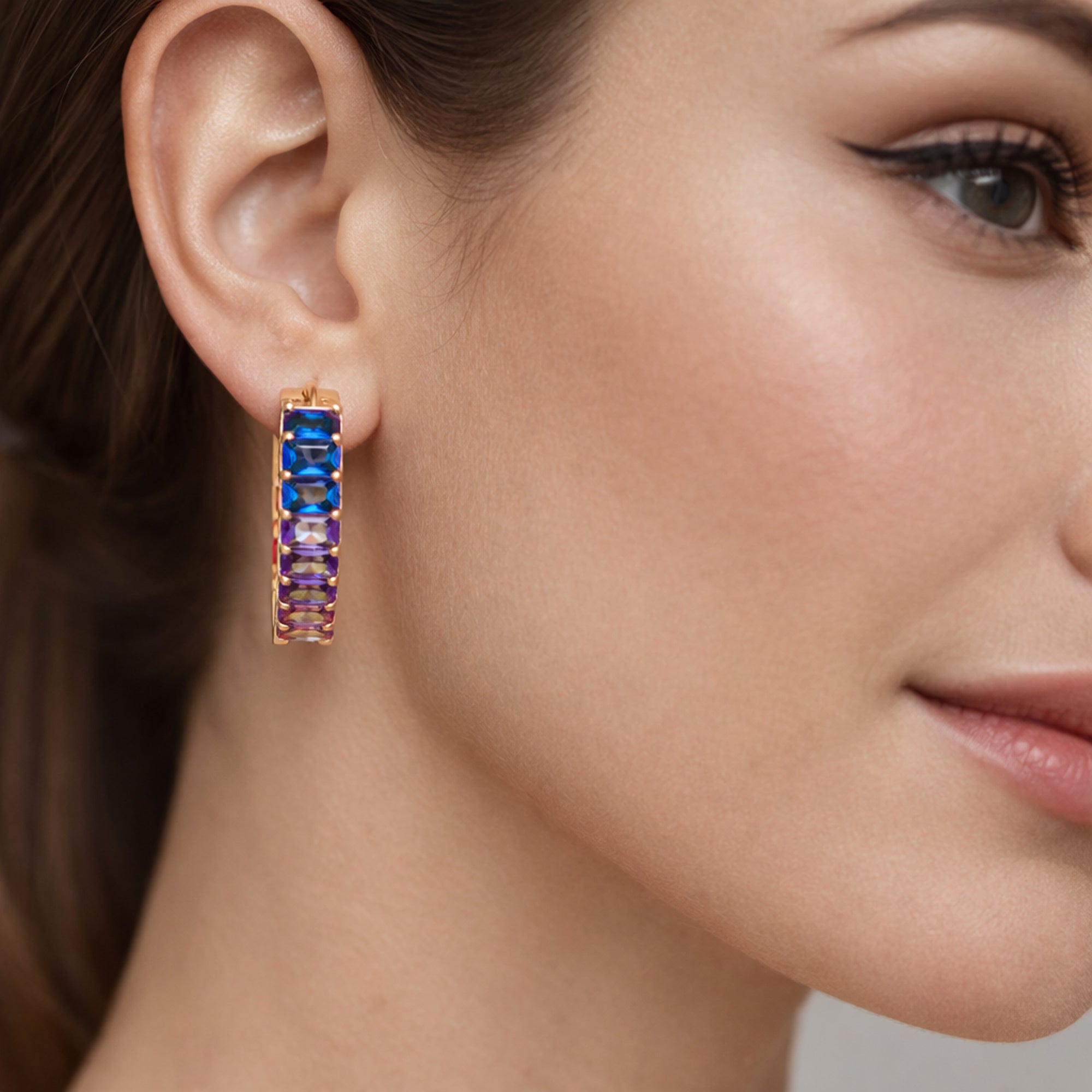 925 Sterling Silver Gold-Plated Multicolor Stone Hoop Earrings for Women | CZ Studded Designer Hoops