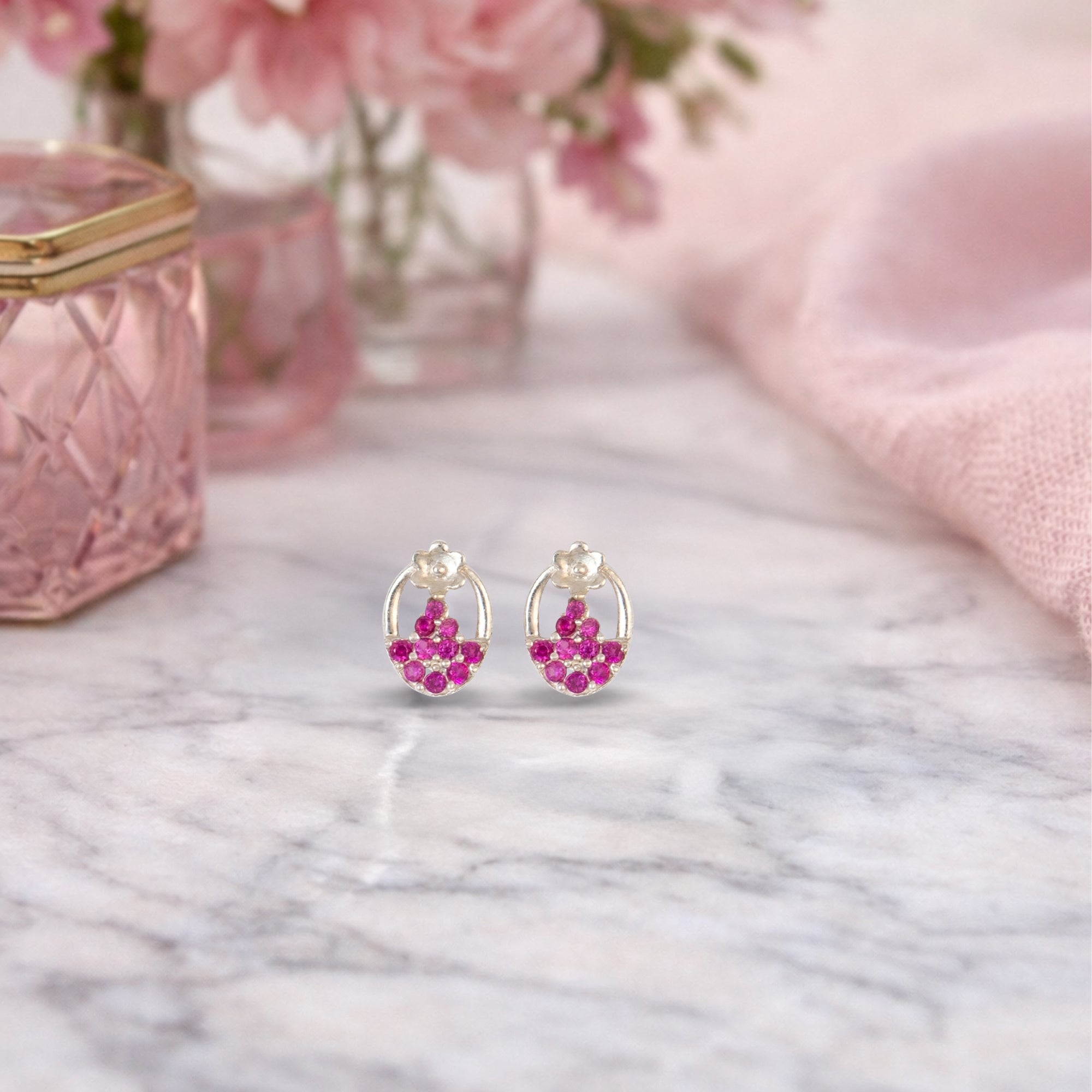 925 Sterling Silver Pink Crystal Oval Stud Earrings | Floral Accent Design