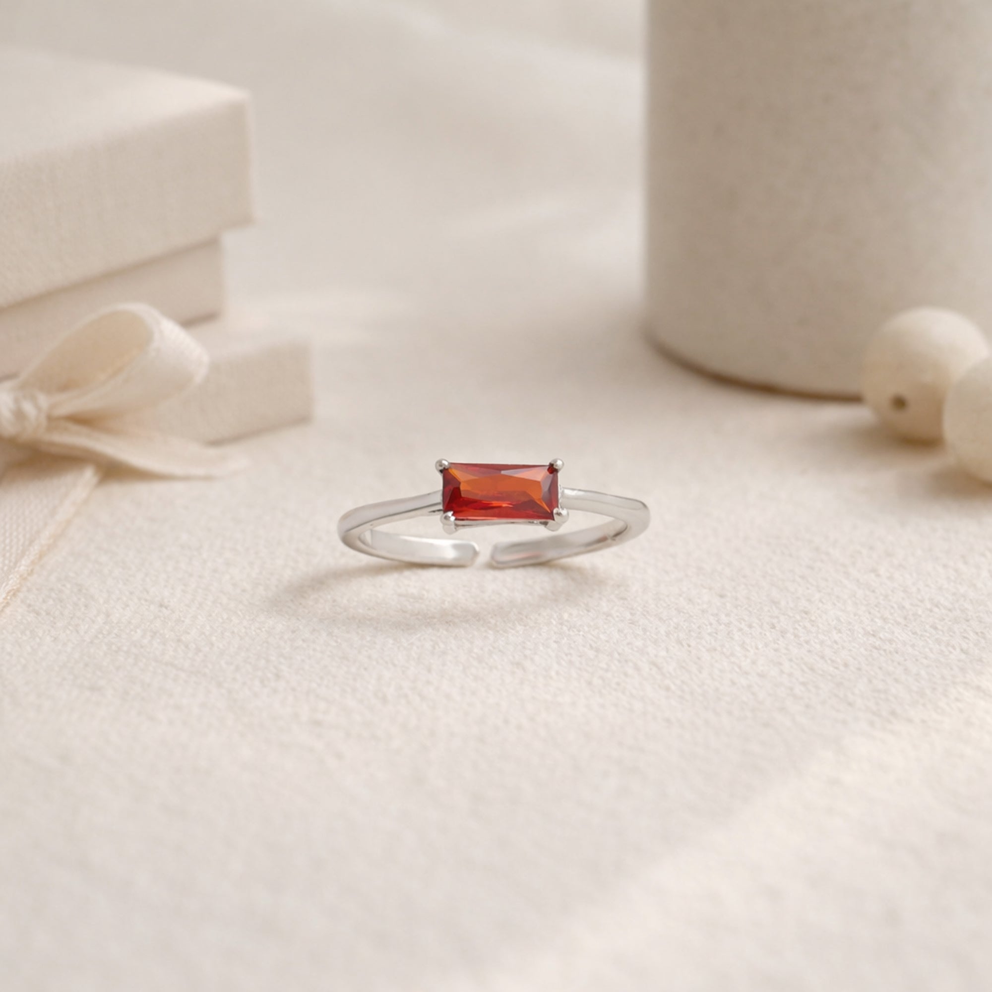 Emerald Cut Red Stone Ring in 925 Sterling Silver – Adjustable Open Band