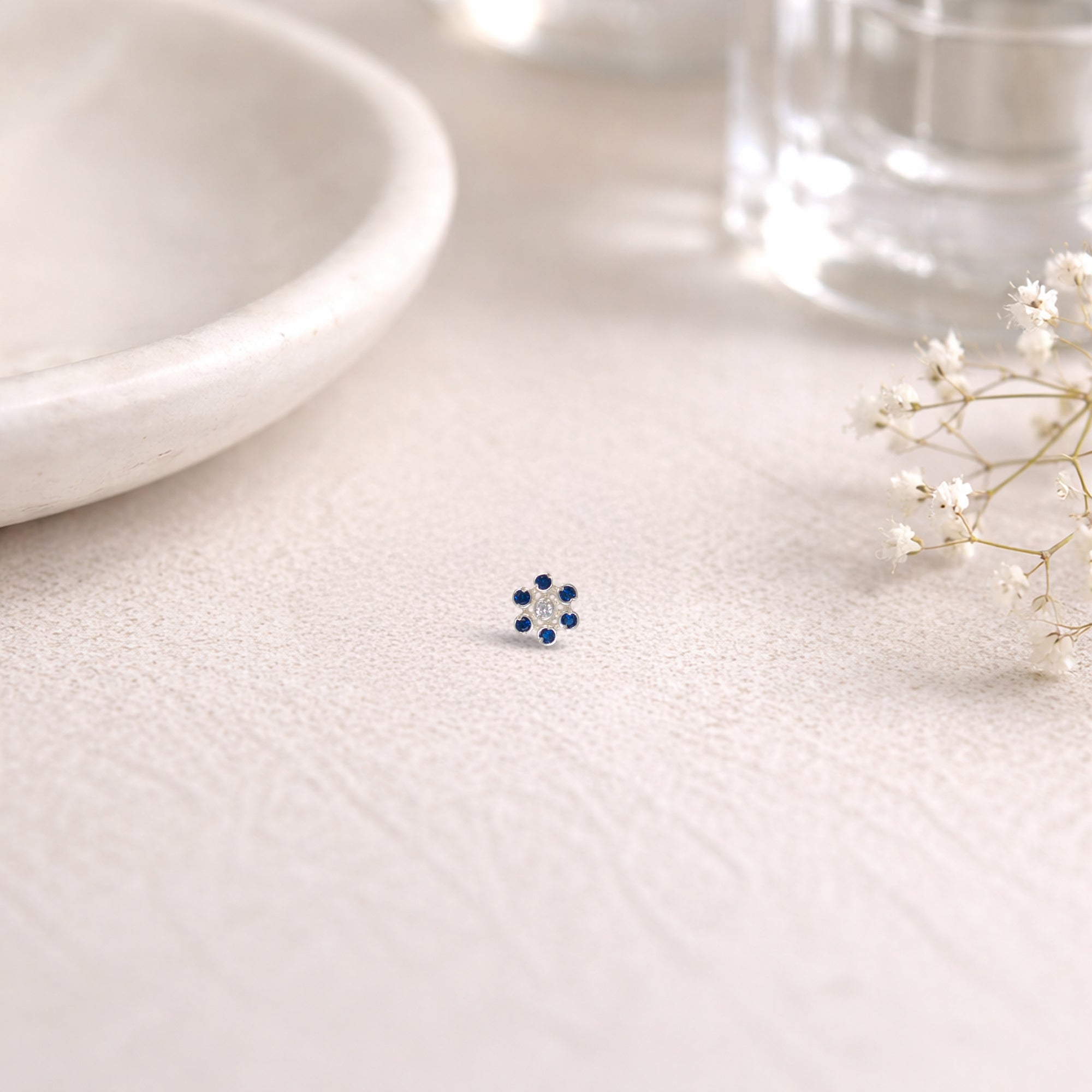 TVISVA JEWELS 925 Sterling Silver Floral Blue & White Cubic Zirconia Nose Pin for Women