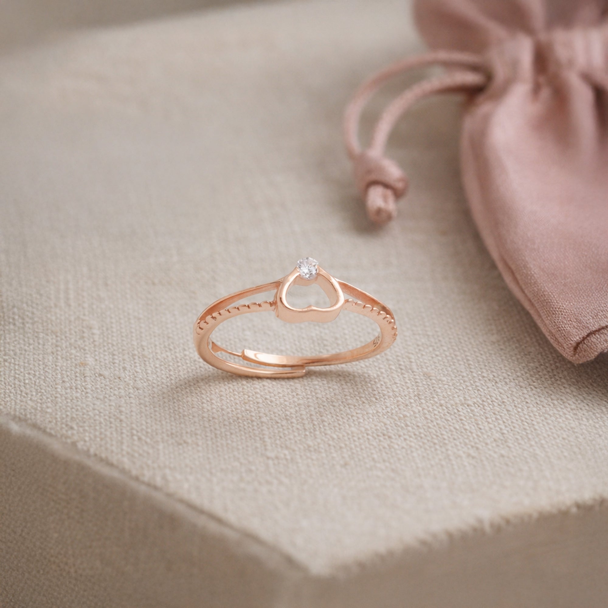 Rose Gold Heart Adjustable Ring in 925 Sterling Silver with Solitaire CZ