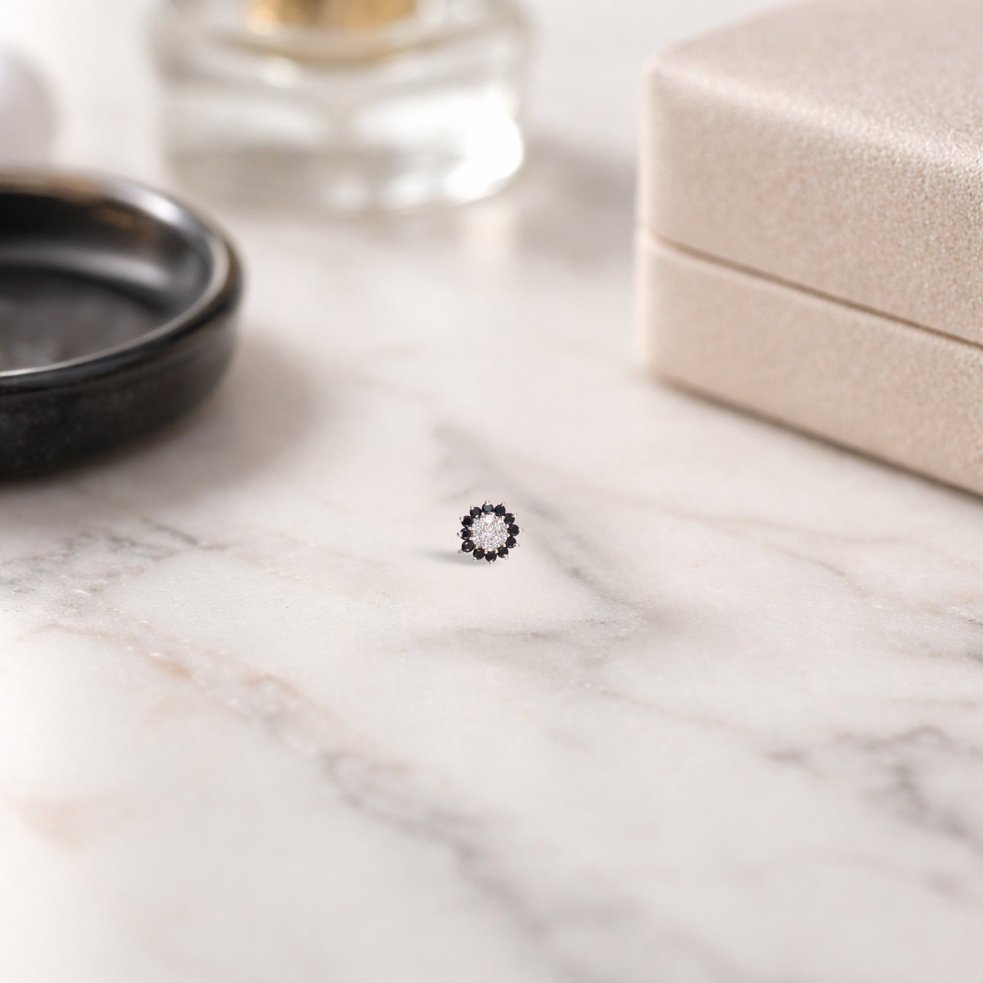 TVISVA JEWELS 925 Sterling Silver Floral Nose Pin for Women with White & Black Cubic Zirconia