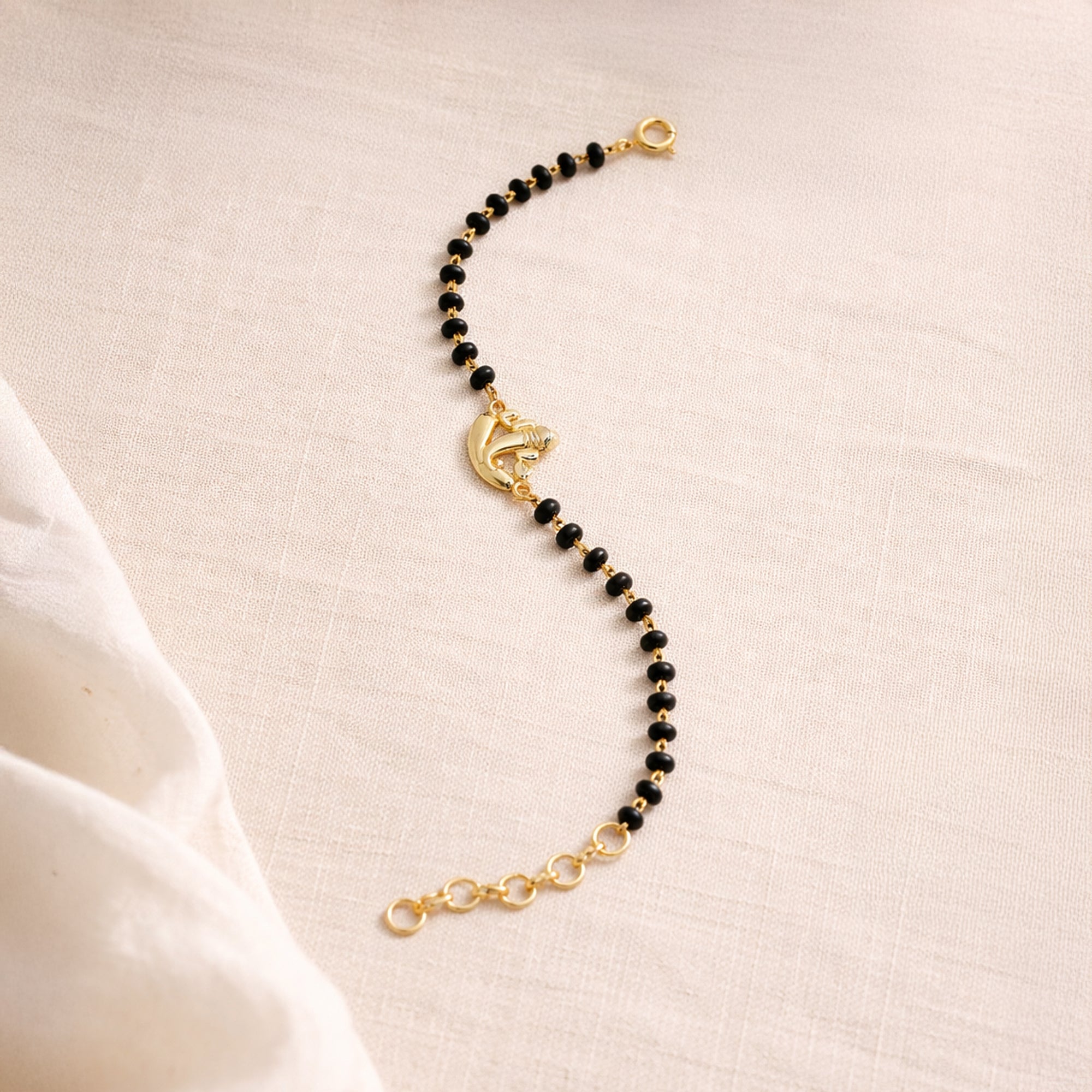 925 Sterling Silver Gold-Plated Black Beads Mangalsutra Bracelet for Women | Adjustable Chain Bracelet