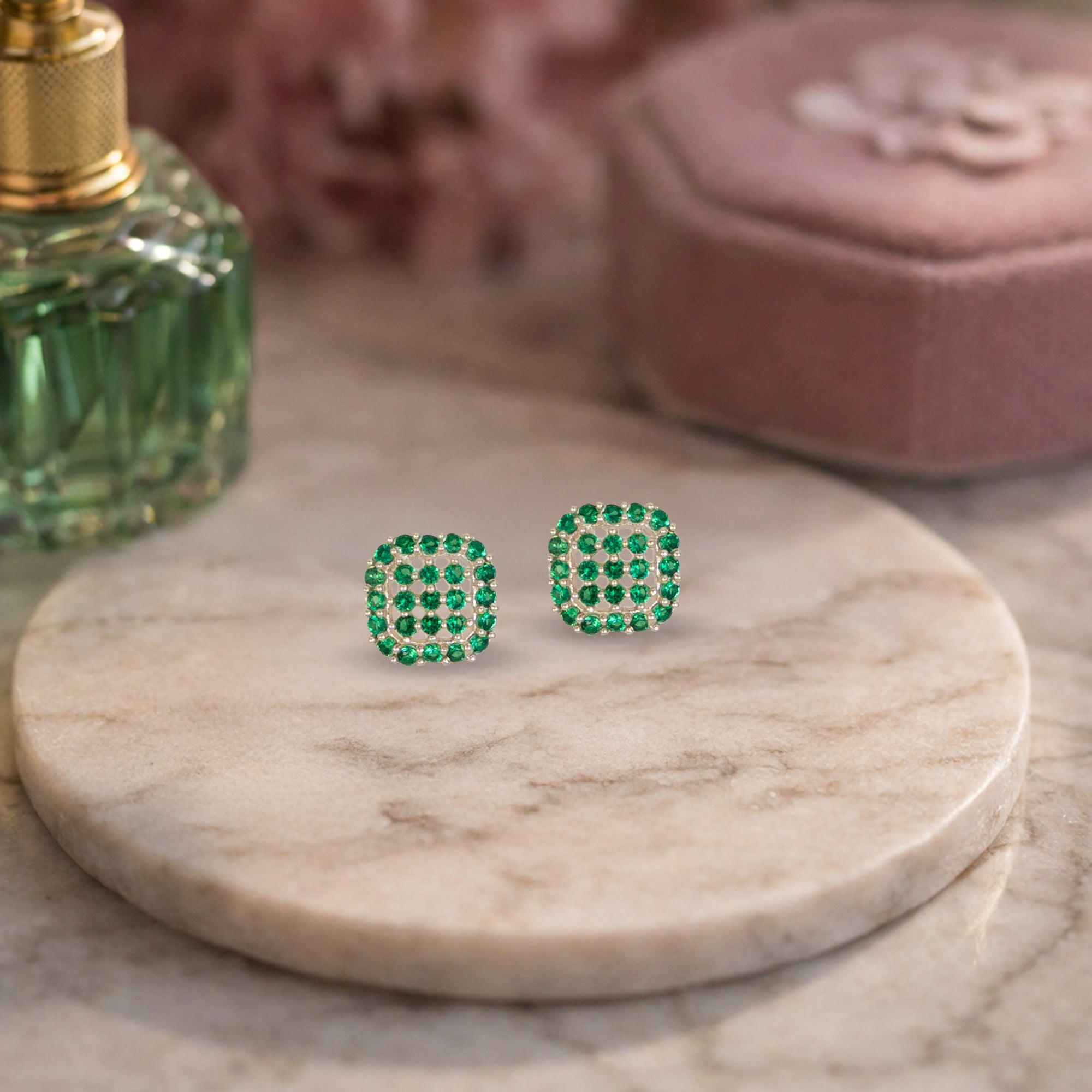 Emerald Green Square Stud Earrings in 925 Sterling Silver | Pave Crystal Studs