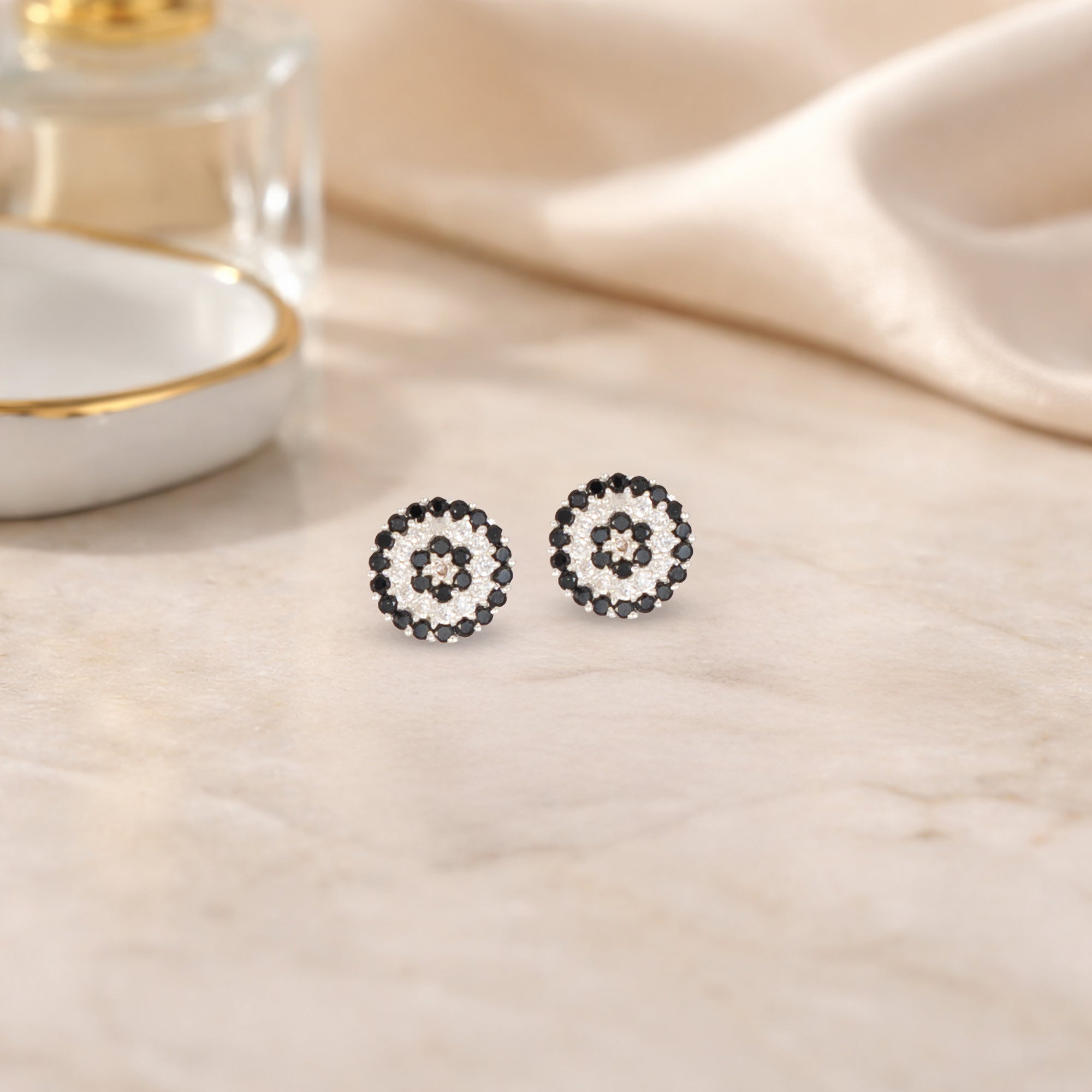 925 Sterling Silver Black & White Circular CZ Stud Earrings for Women | Classic Pavé Design