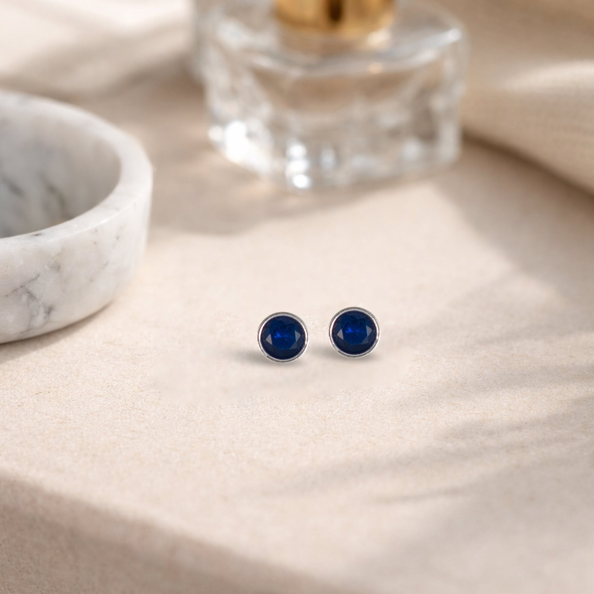 Classic Blue Stone Round Stud Earrings in 925 Sterling Silver