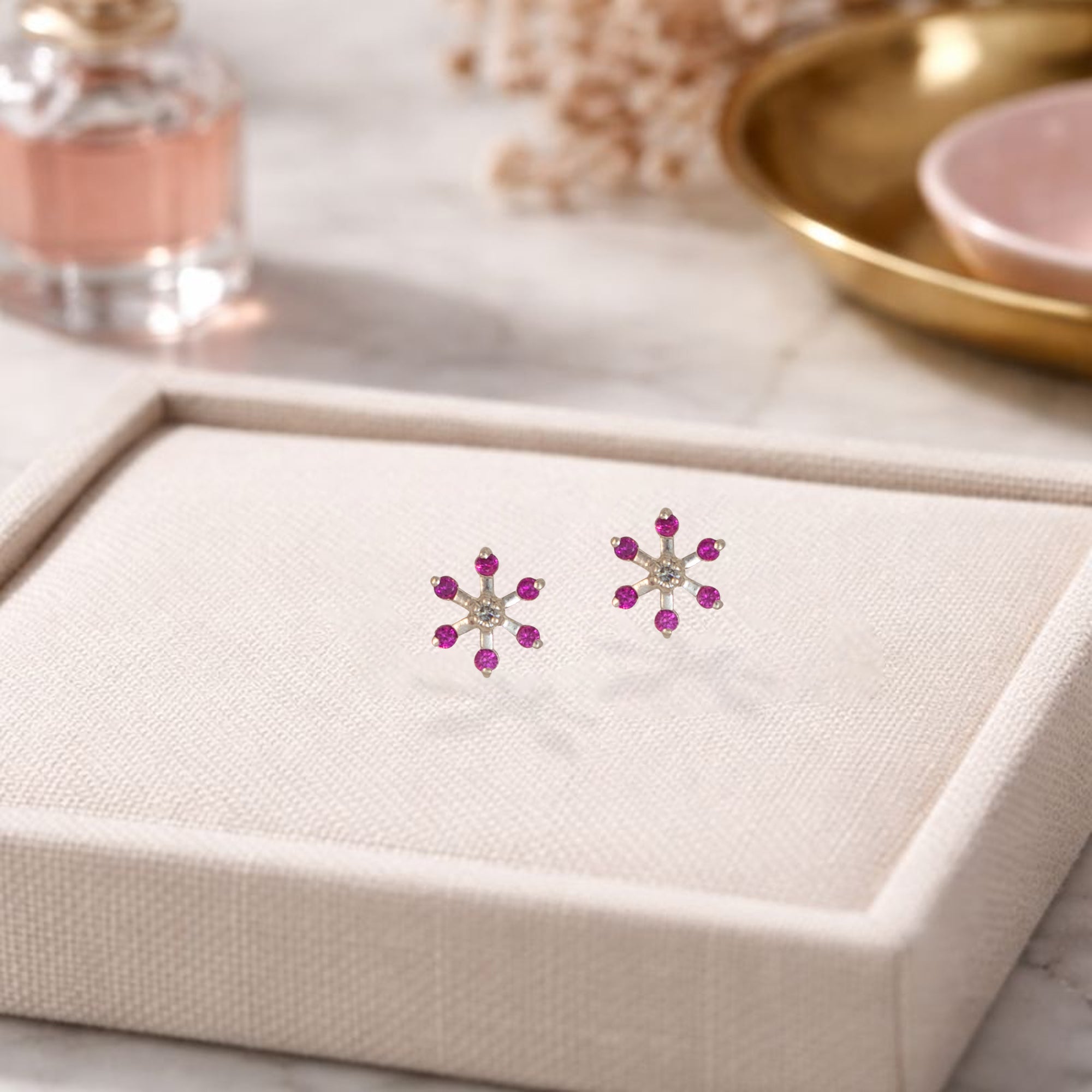 925 Sterling Silver Pink Stone Starburst Stud Earrings | Floral Sparkle Design