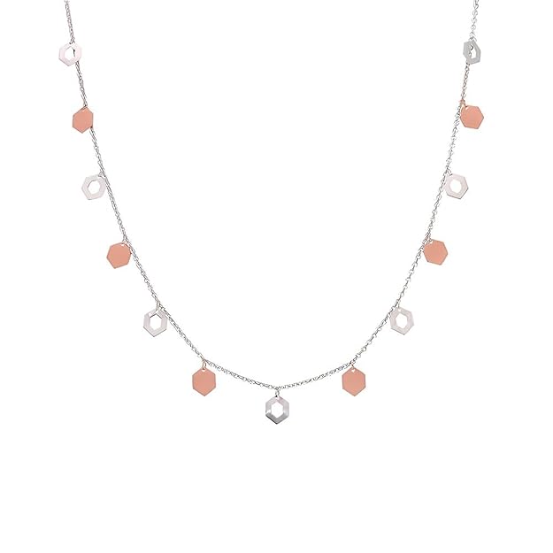 925 Sterling Silver Dual-Tone Hexagon Charm Necklace for Women | Rose Gold & Silver Geometric Dainty Chain