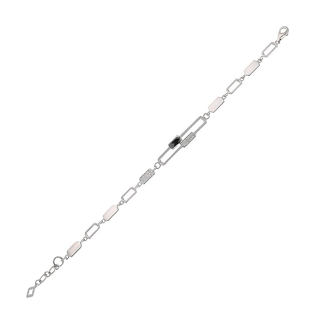 925 Sterling Silver Bracelet with Polished and Textured Links and Dark Center Accent