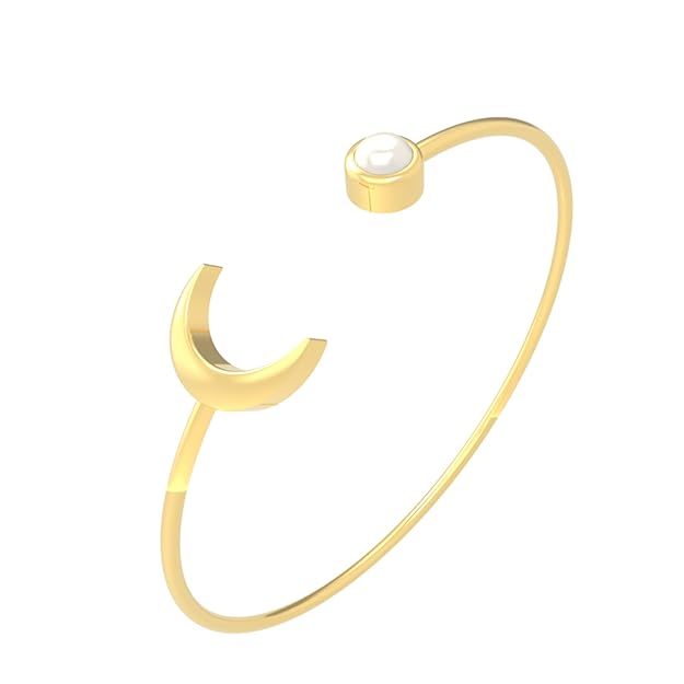 925 Sterling Silver | Gold Plated Open Cuff Bracelet for Women – Crescent Moon and Pearl Tip Design, Minimalist Adjustable Bangle