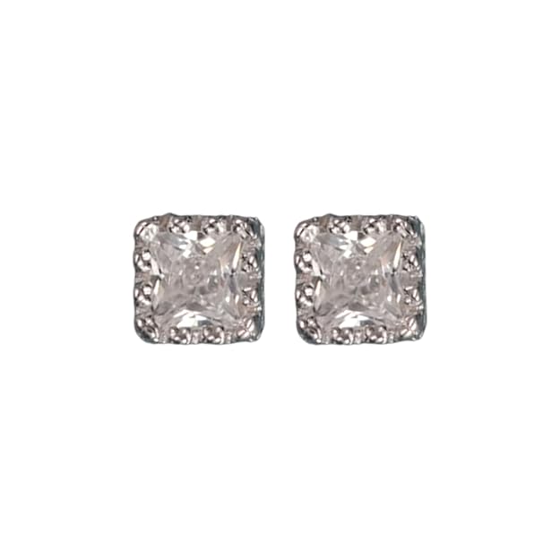 925 Sterling Silver | Princess-Cut CZ Stud Earrings with Diamond-Cut Halo in Polished Silver – Elegant Sparkle Framed in a Classic Statement Design