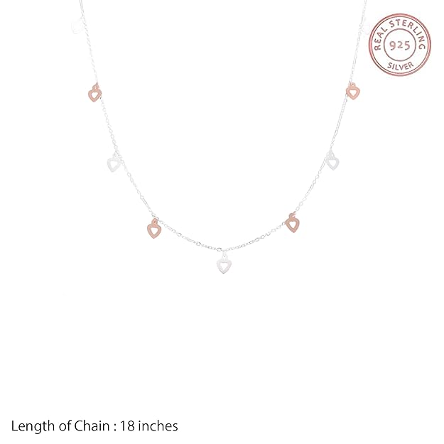 925 Sterling Silver Heart Charm Chain Necklace for Women – Rose Gold & Silver Toned Layered Style