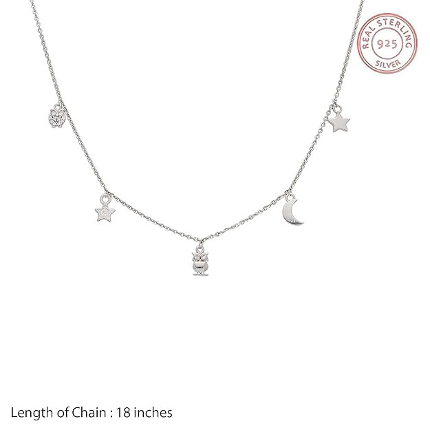 Dainty 925 Silver Chain Necklace with Celestial Charms – Moon, Star & Owl Pendant for Women