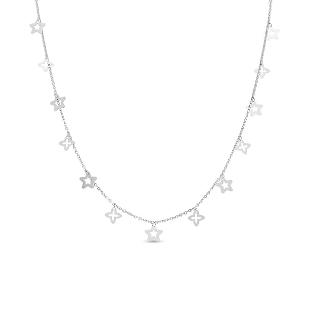 925 Sterling Silver | Silver Star & Floral Charm Necklace – Delicate Chain with Alternating Cutout Star and Cross-Petal Motifs for Everyday Sparkle