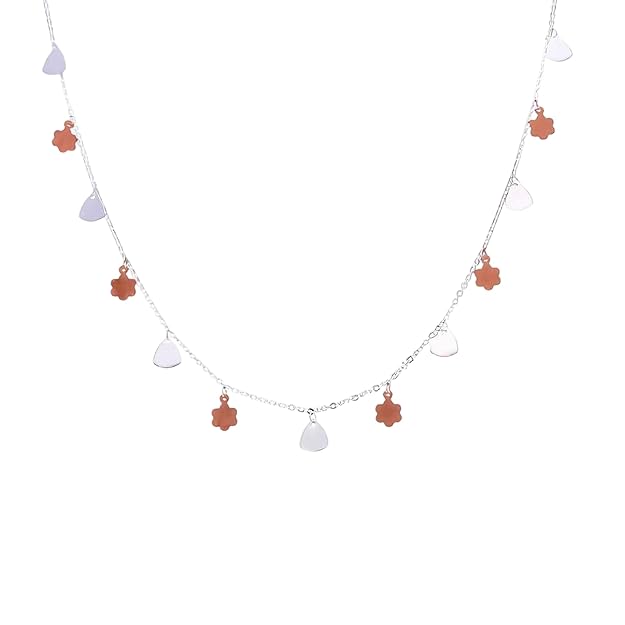 925 Sterling Silver Dual-Tone Flower Charm Necklace for Women and Girls | Rose Gold & Silver Heart Pendant Chain