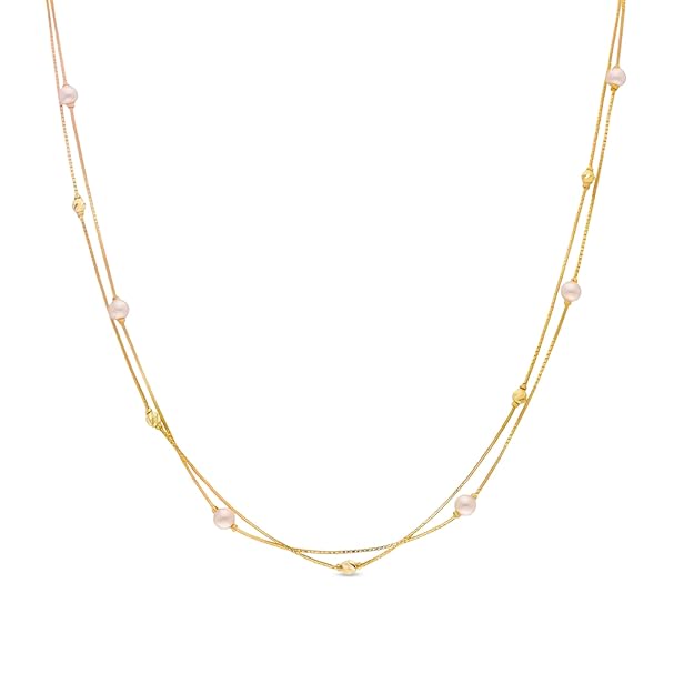 925 Stering Silver | Double Layer Gold Plated Necklace – Delicate Dual Chain with White Pearls and Textured Gold Beads for Everyday and Ethnic Wear
