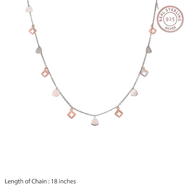 925 Sterling Silver Dual-Tone Square & Triangle Charm Necklace for Women | Rose Gold & Silver Dainty Chain Jewelry