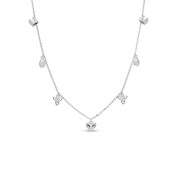 925 Sterling Silver | Exquisite Sterling Silver Charm Necklace with Polished Heart Centerpiece, Dazzling Teardrop Crystals & Intricate Butterfly Motifs on a Fine Link Chain