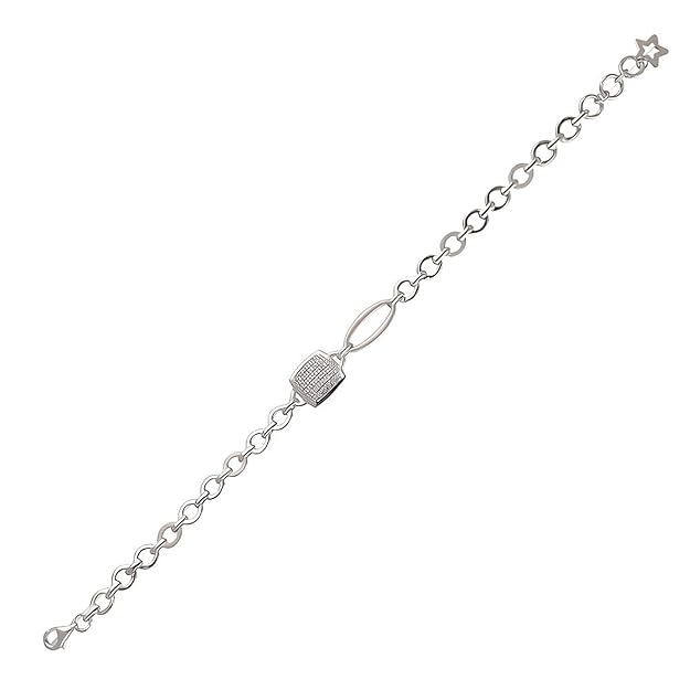 Women's Sterling Silver Designer Link Bracelet with Pave Lock Charm and Star Accent – Modern Statement Jewelry