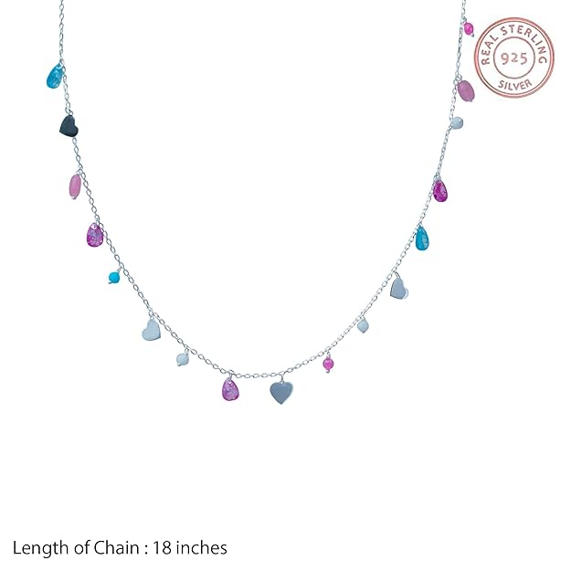 Sterling Silver Chain Necklace with Multicolor Crystal Teardrops & Heart Charms