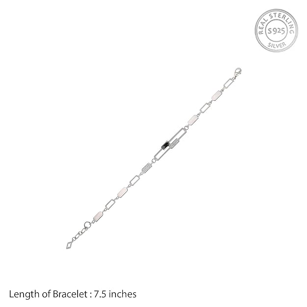 925 Sterling Silver Bracelet with Polished and Textured Links and Dark Center Accent