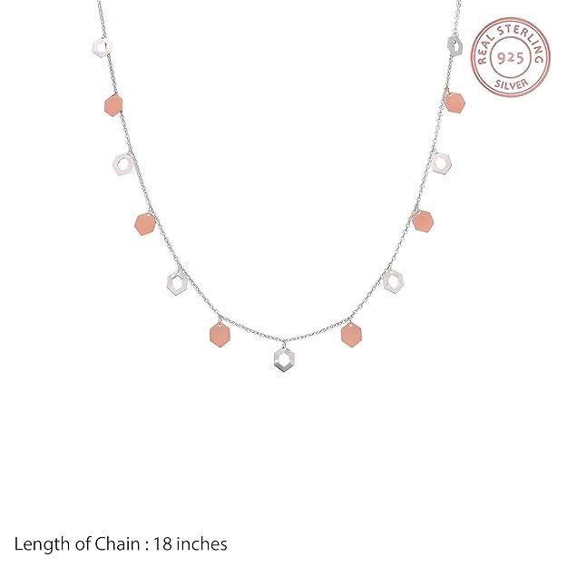 925 Sterling Silver Dual-Tone Hexagon Charm Necklace for Women | Rose Gold & Silver Geometric Dainty Chain
