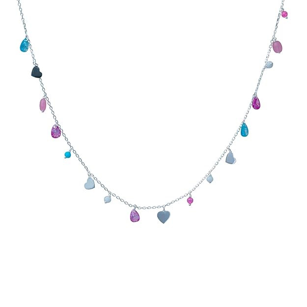 Sterling Silver Chain Necklace with Multicolor Crystal Teardrops & Heart Charms