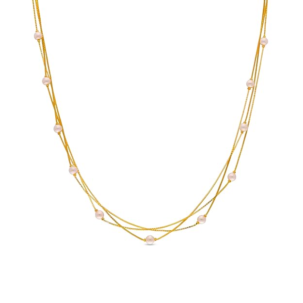 925 Sterling Silver | Triple-Layer Pearl Accent Necklace – Delicate Multi-Strand Chain in Rose Gold or Yellow Gold Plating with Glossy White Beads for Festive and Everyday Elegance