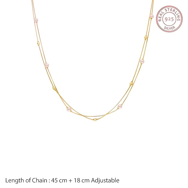 925 Stering Silver | Double Layer Gold Plated Necklace – Delicate Dual Chain with White Pearls and Textured Gold Beads for Everyday and Ethnic Wear
