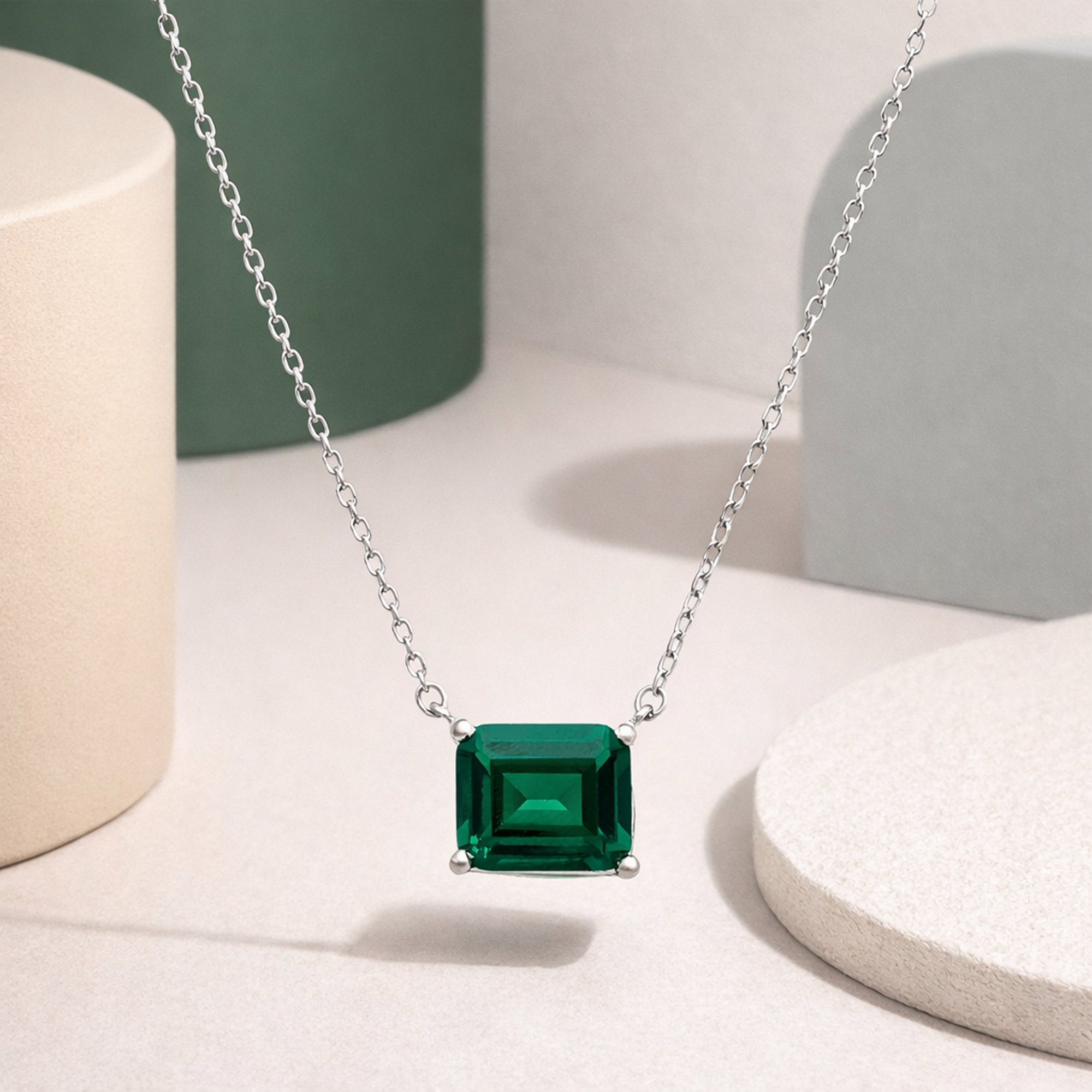 Emerald Cut Green Stone Pendant Necklace in 925 Sterling Silver