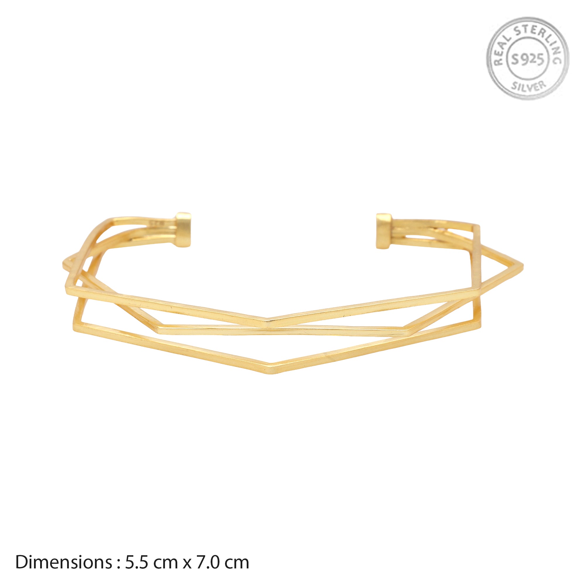 925 Sterling Silver Gold Plated Geometric Criss-Cross Open Cuff Bracelet for Women | Modern Angular Kada | Adjustable Minimal Jewelry
