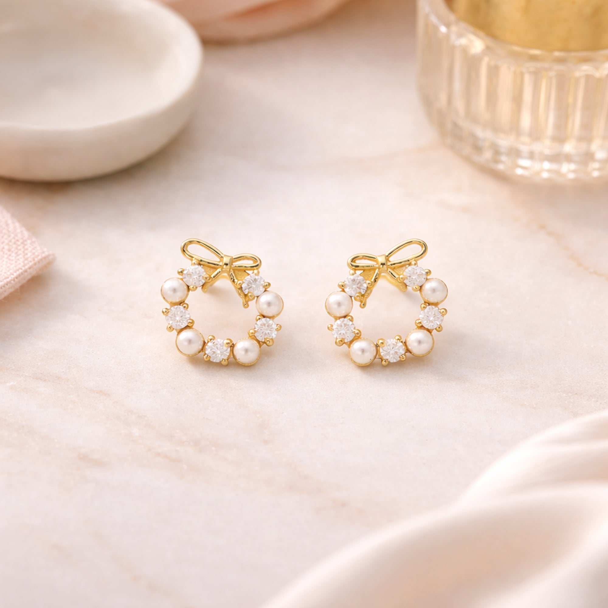 Gold-Plated Pearl & Crystal Bow Stud Earrings in 925 Sterling Silver