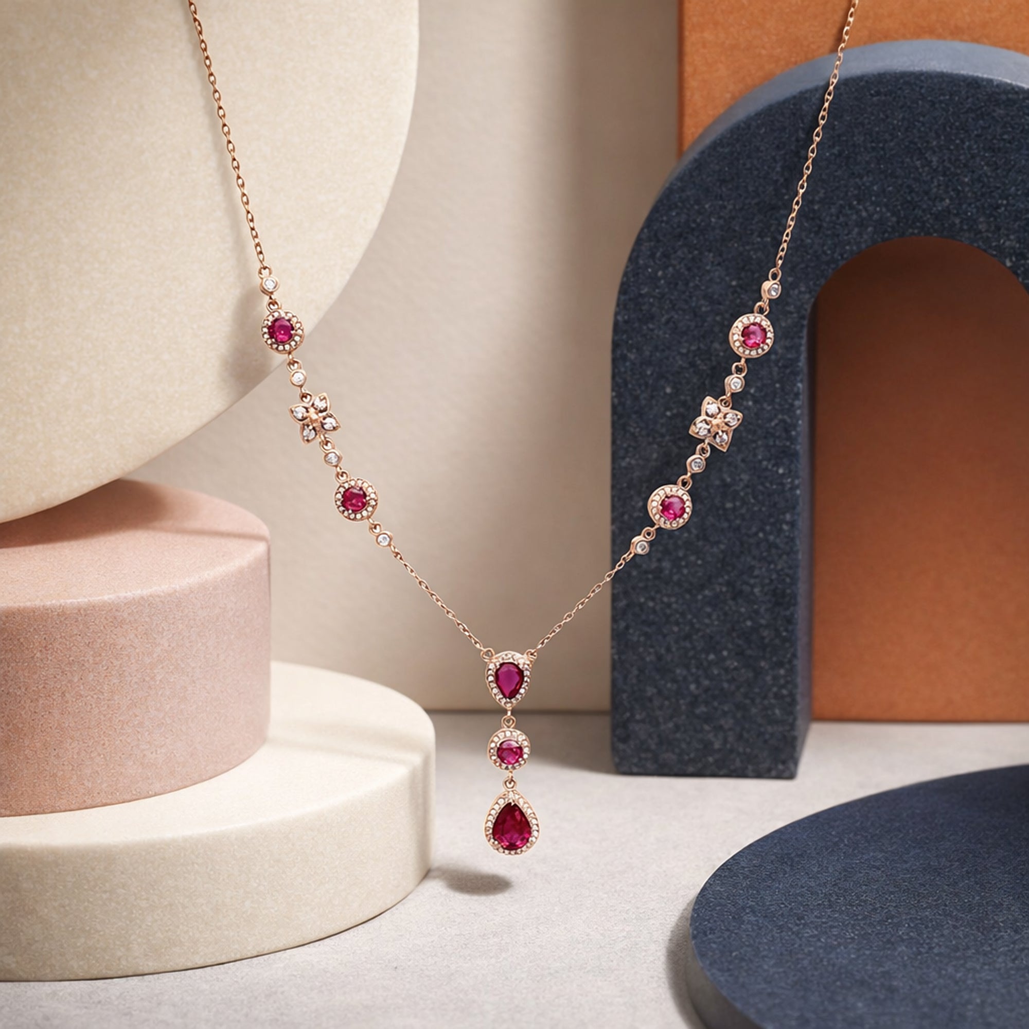 Rose Gold Ruby Drop Necklace in 925 Sterling Silver – Teardrop Pendant with CZ Accents