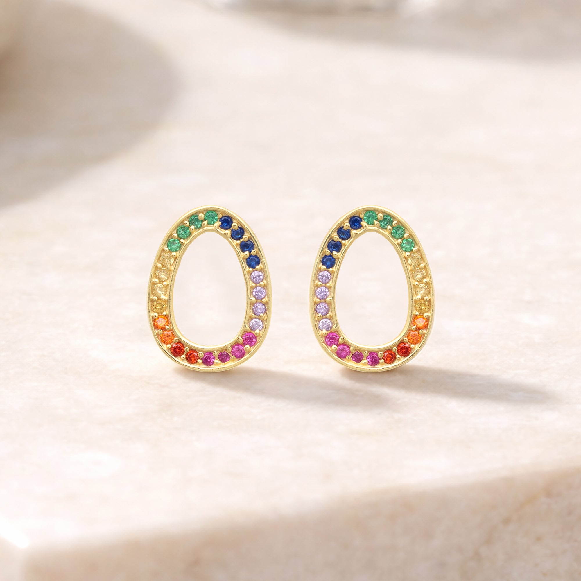 925 Sterling Silver Gold-Plated Oval Stud Earrings with Multicolor Stones
