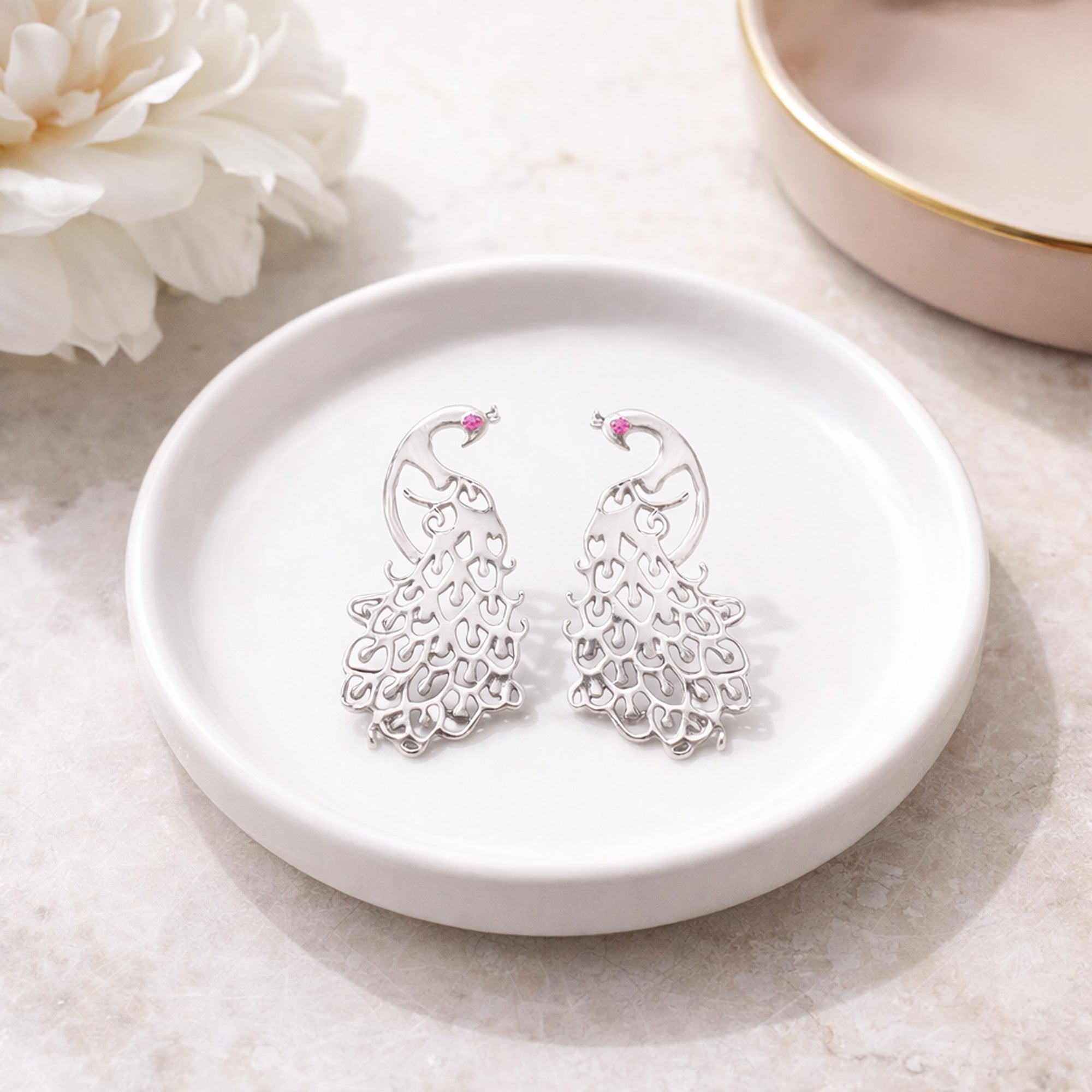 925 Sterling Silver Peacock Motif Stud Earrings with Pink Stone Accent